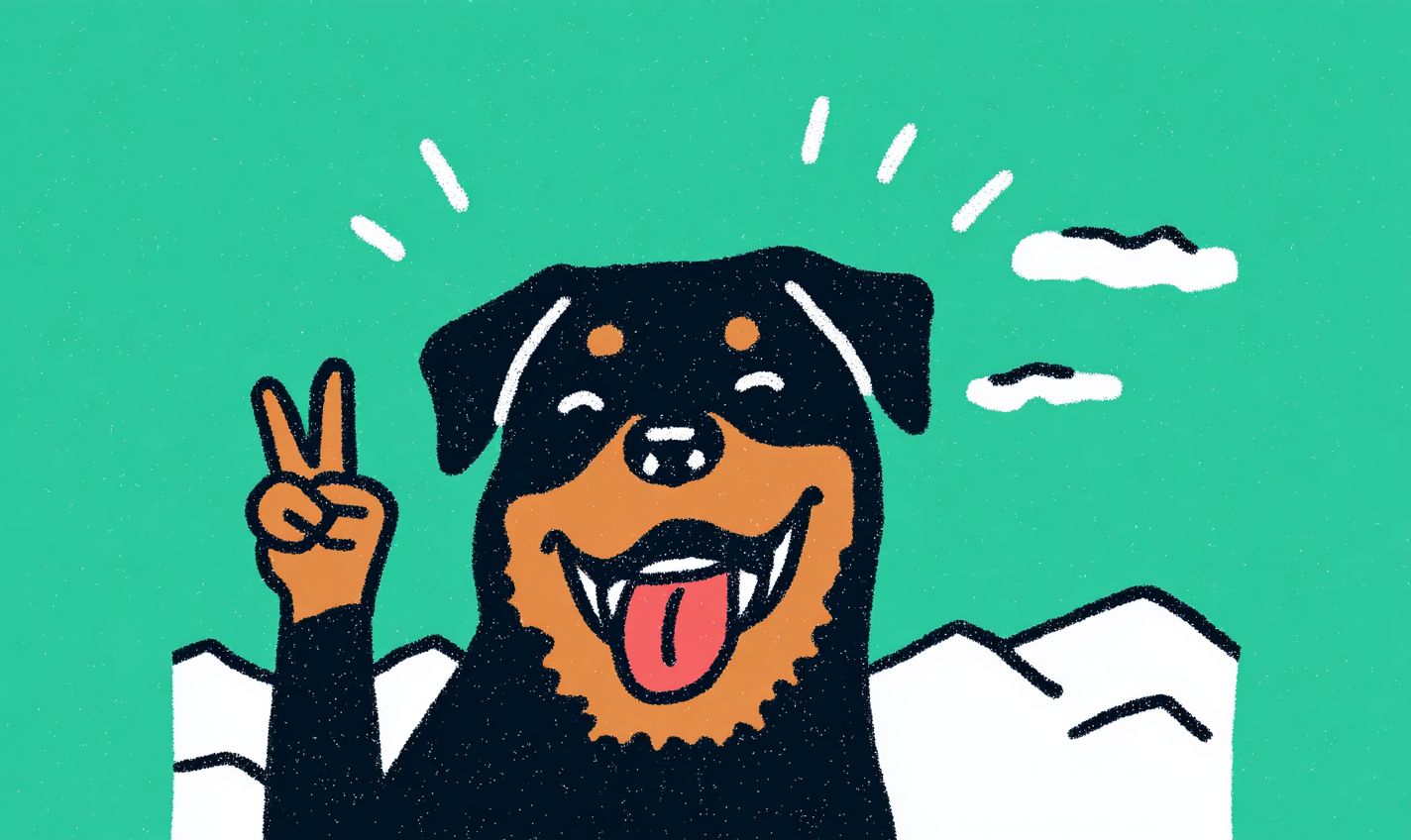 A smiling black Rottweiler making a peace sign