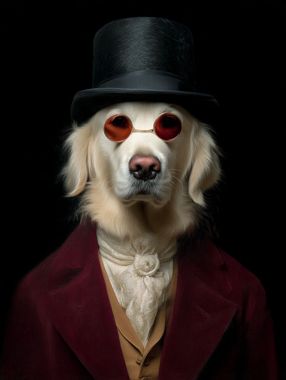 一幅优雅简约的女性金毛猎犬肖像画，穿着红色维多利亚风格外套，佩戴黑色礼帽和红色圆形太阳镜