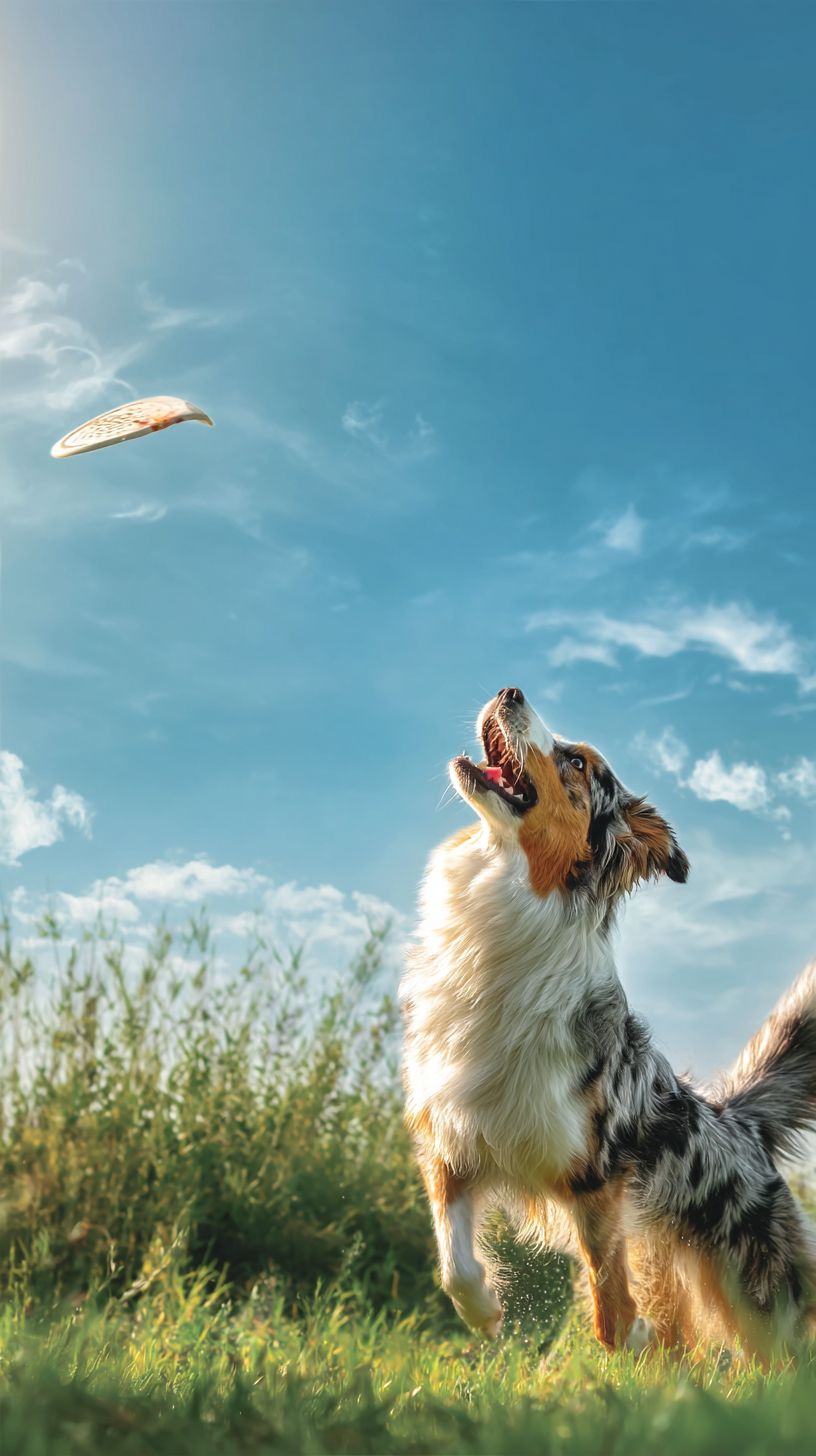 A cute dog is playing with a frisbee outdoors, with a green grassland and blue sky in the background