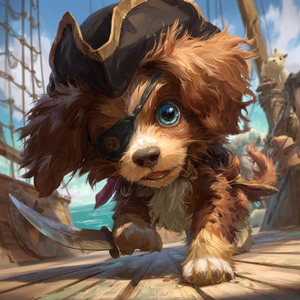 كلب أنمي مليء بالمرح بفرو بني مموج وعيون زرقاء ويرتدي قبعة قرصان ونظارة عين ممزقة، ممسكًا بسيف صغير على سطح سفينة قراصنة مع منظر للمحيط