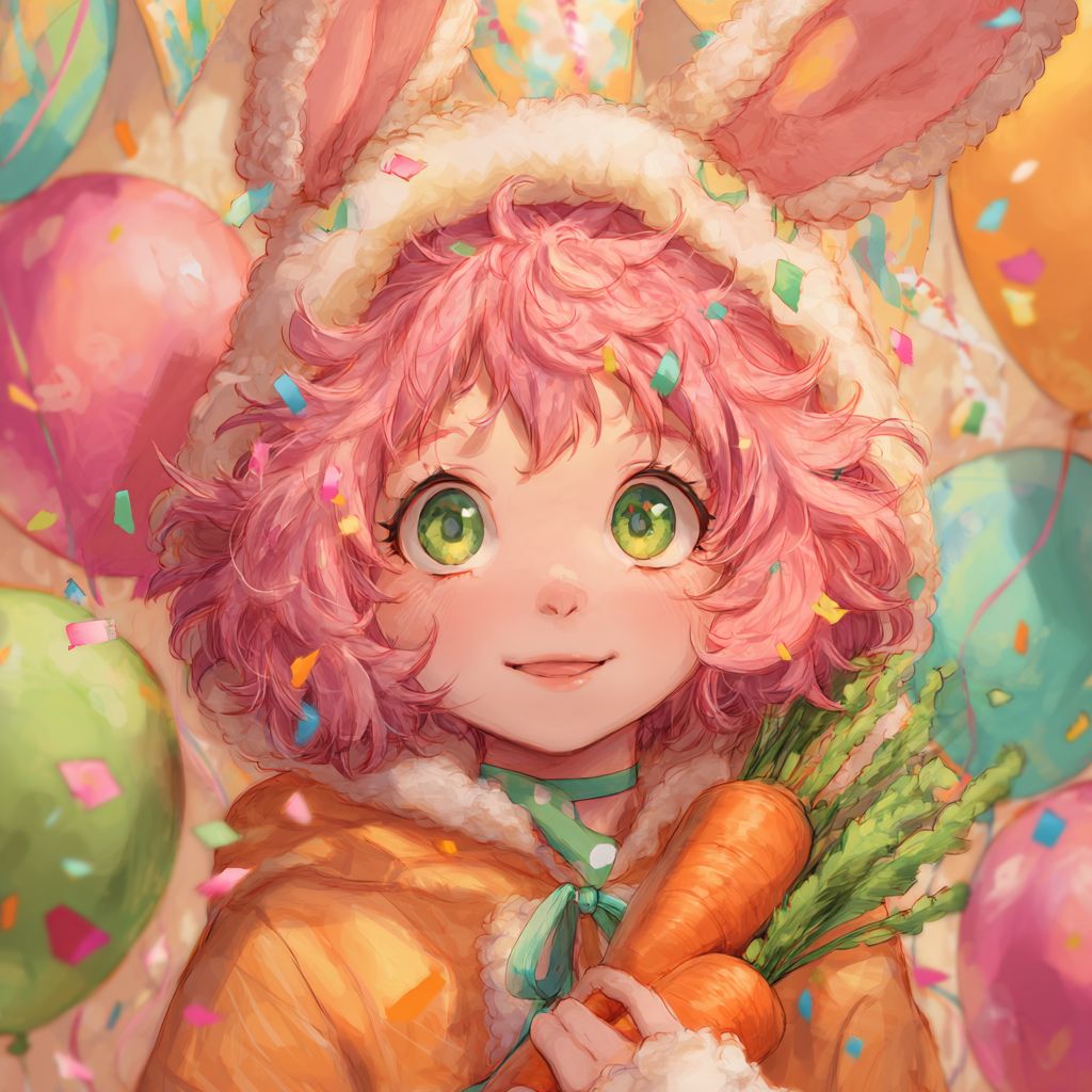 جرو أنمي لطيف ذو فراء وردي مجعد وعينين خضراء، يرتدي سُدًى بأذني أرنب، ممسكًا بجزر في حفلة حدائق احتفالية مع بالونات وفتات ورق