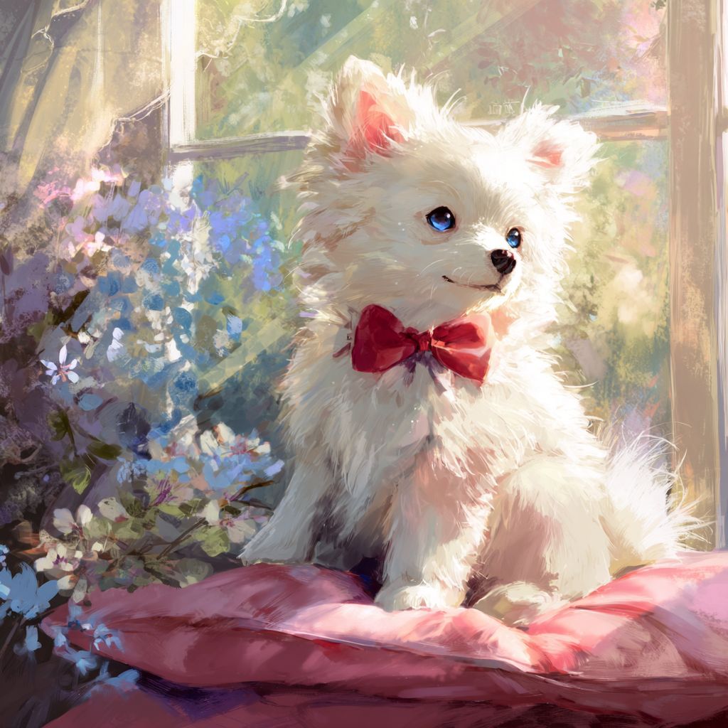 جرو لطيف بتصميم أنمي بفرو أبيض كثيف وعينين زرقاوتين ساطعتين يرتدي ربطة عنق حمراء صغيرة، يجلس على وسادة وردية ناعمة، مع الضوء اللطيف يتسلل من النافذة