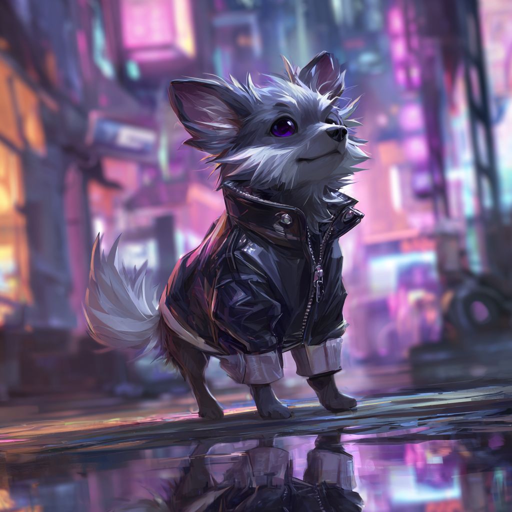 كلب أنمي أنيق بفرو فضي ناعم وعيون بنفسجية يرتدي سترة جلدية صغيرة، يقف بثقة في مشهد حضري مع أضواء نيون