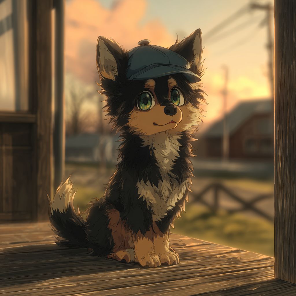 Un adorable cachorro negro y fuego con ojos verdes brillantes y un gorro azul, de pie en un porche de madera con un fondo de campo al atardecer