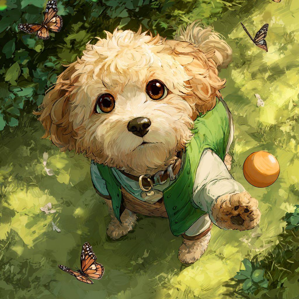 一隻可愛的動漫狗，金色卷毛，溫暖的棕色眼睛，穿著綠色小背心，在公園裡玩球，四周飛舞著蝴蝶