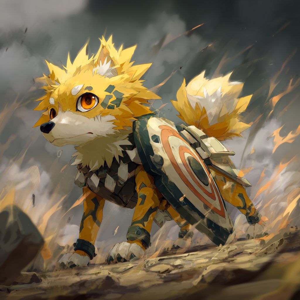 كلب أنمي جاهز للمعركة يرتدي درع المحارب