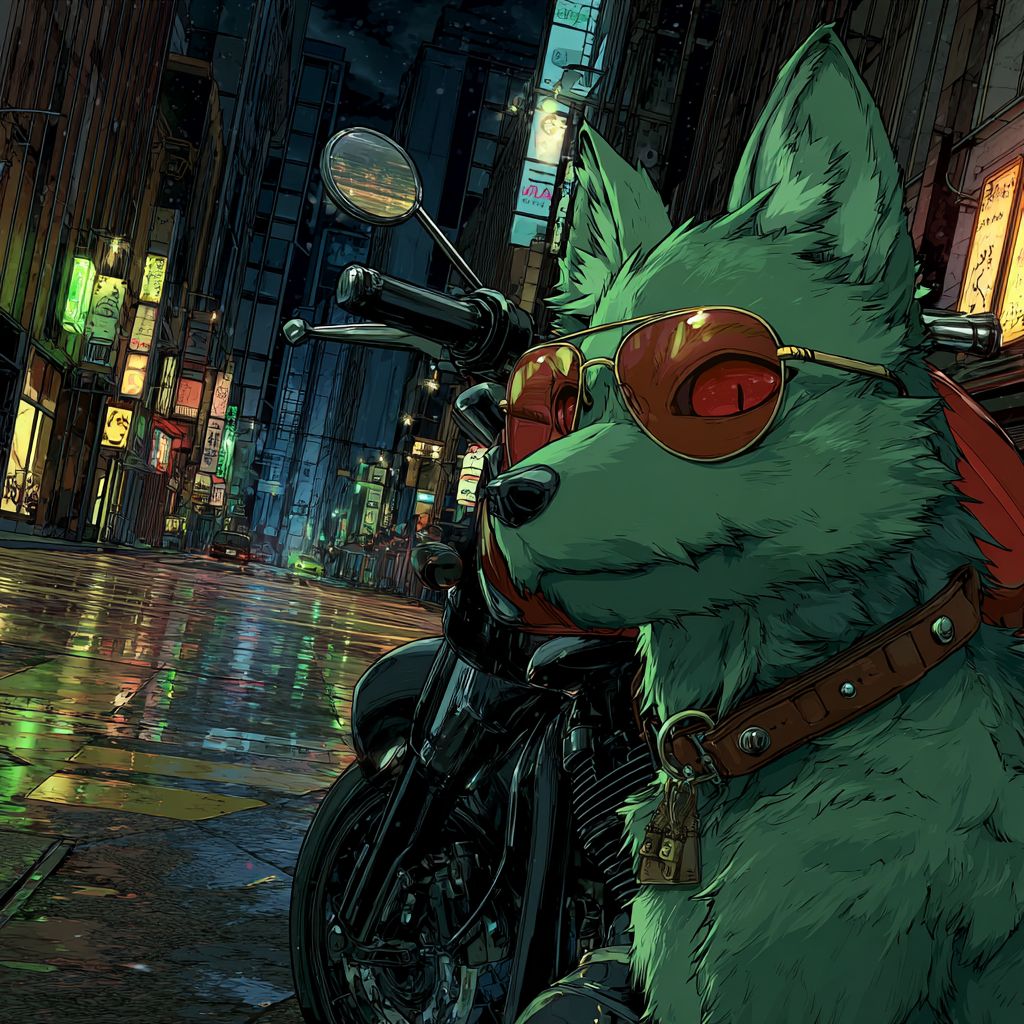 كلب أنيمي رائع ذو فرو أخضر قصير وعينين حمراء يرتدي نظارات شمسية وقلادة جلدية، متكئًا على دراجة نارية في مشهد ليلي للمدينة مع شوارع رطبة