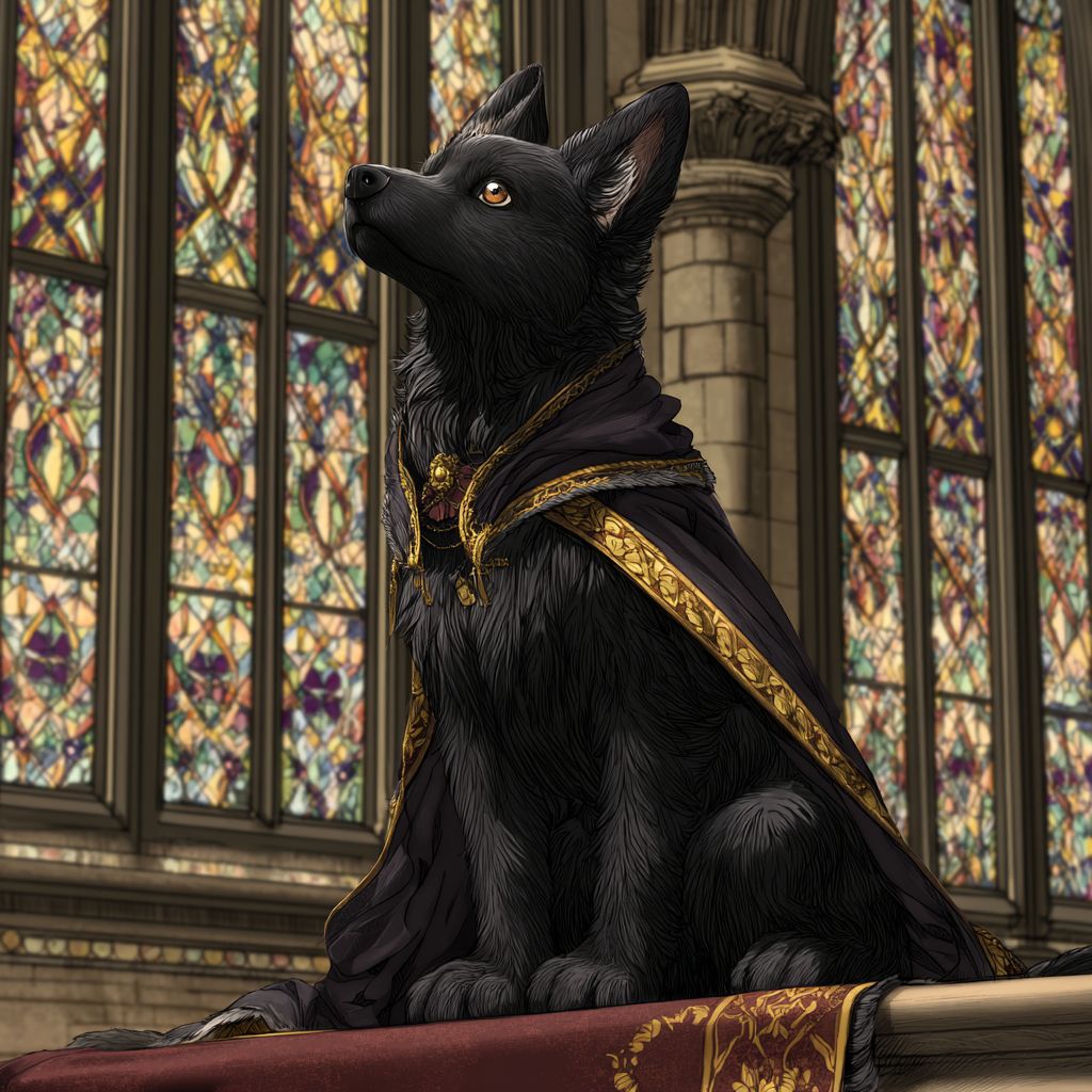 جرو أنمي ذو فرو أسود، يرتدي عباءة مطرزة بالذهب، جالس على عرش مخملي
