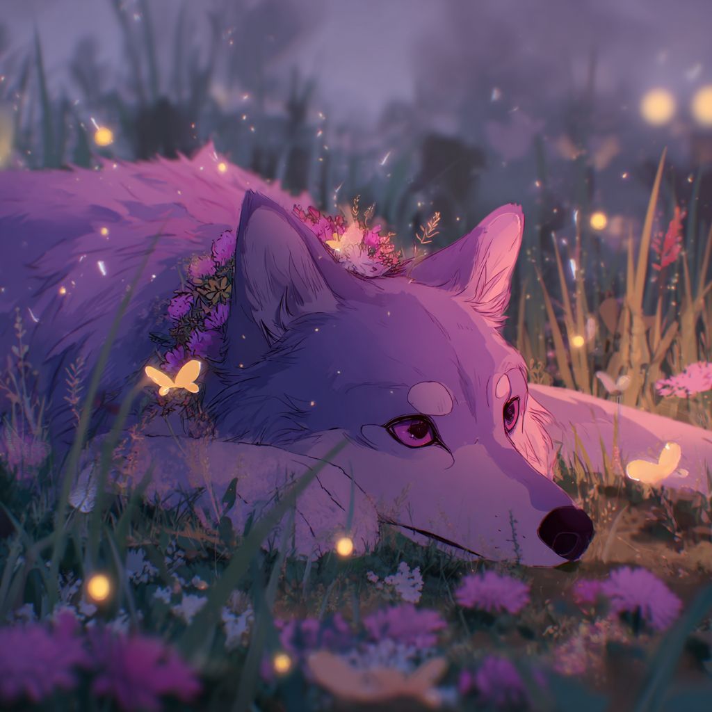 جرو رقيق من الرسوم المتحركة بفرو لافندر طويل، وعيون وردية ناعمة، مرتديًا طوقًا مزهرًا، مستلقيًا في مرج محاط بالأعشاب البرية وضباب أثيري وخنافس مضيئة
