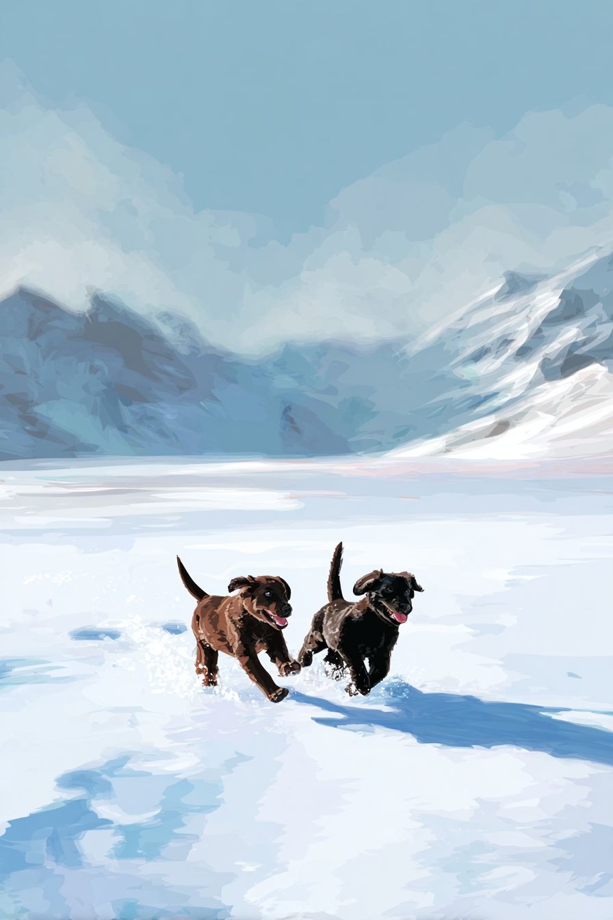 Deux chiots courent et jouent dans la neige