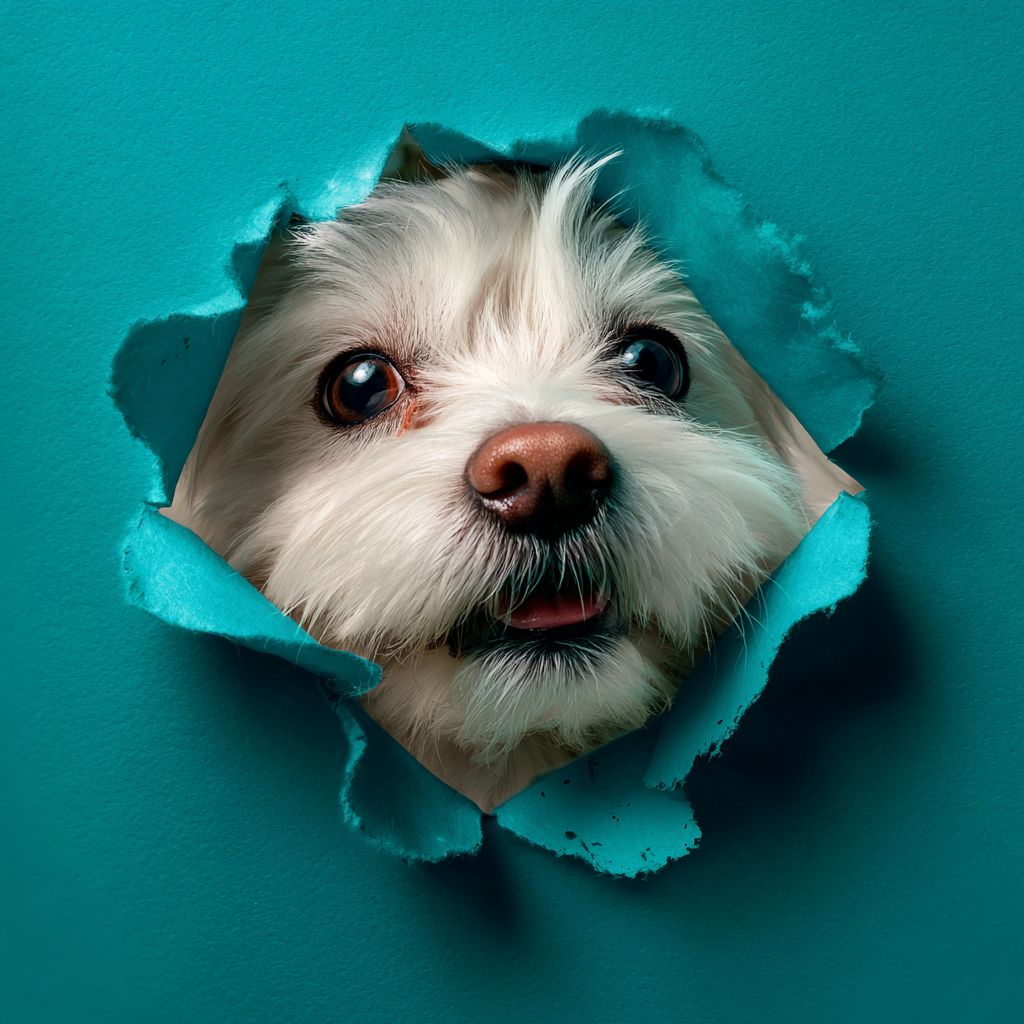 Die Nase eines niedlichen Hundes schaut hinter einem Papier hervor und hat einen süßen Gesichtsausdruck