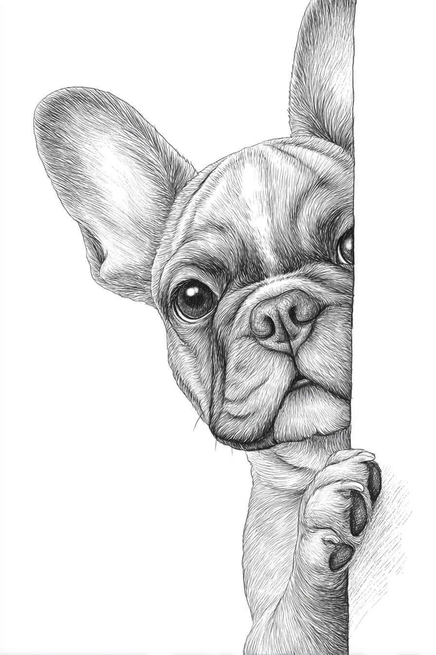 A cute French bulldog peeking from behind a vertical wall with a curious look