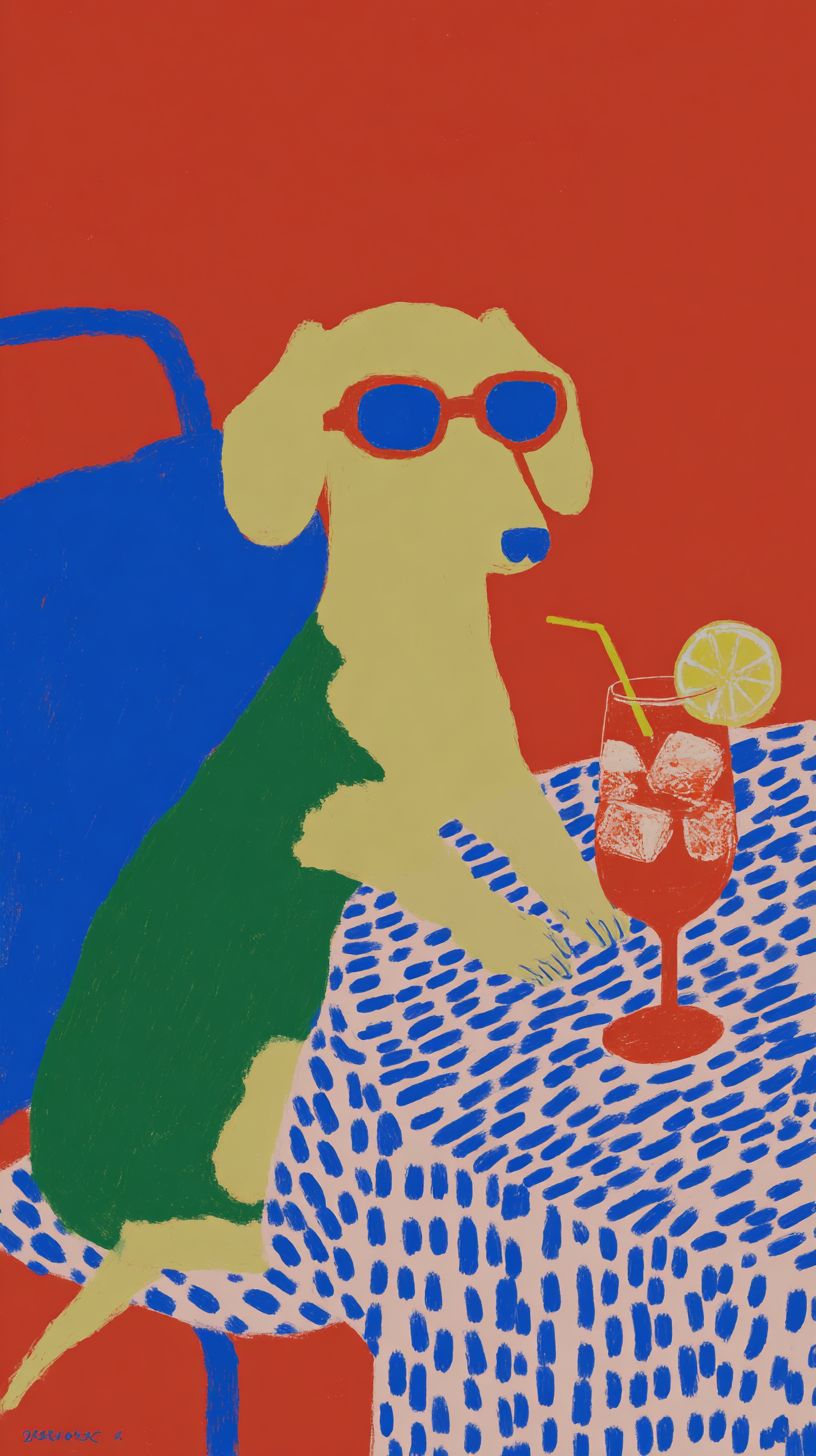 داشوند أنيق يرتدي نظارات شمسية يجلس في مقهى صيفي ممسكًا بكأس من أ aperol Spritz مع مكعبات الثلج وشريحة برتقال