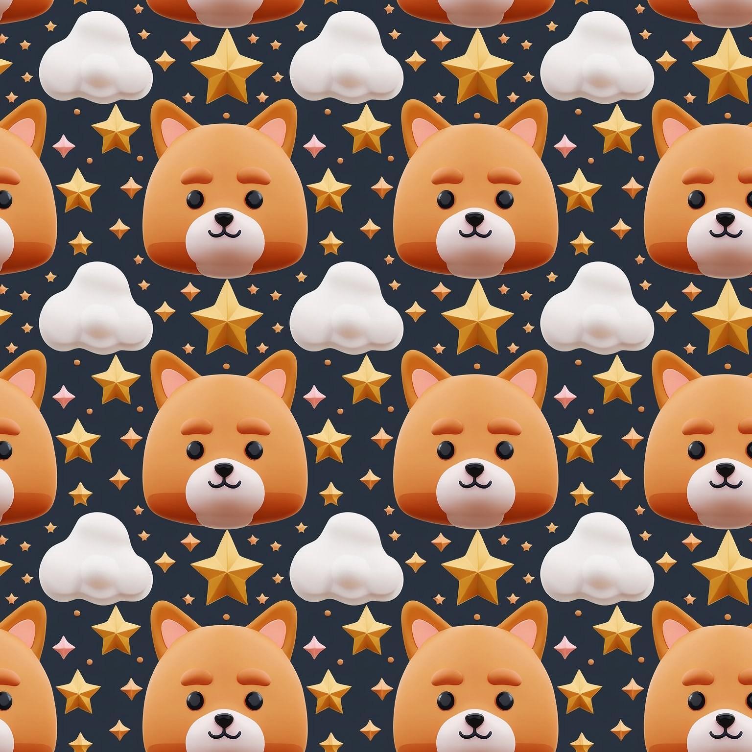 Il y a des têtes de Shiba Inu en dessin animé disposées en rang sur un fond bleu foncé
