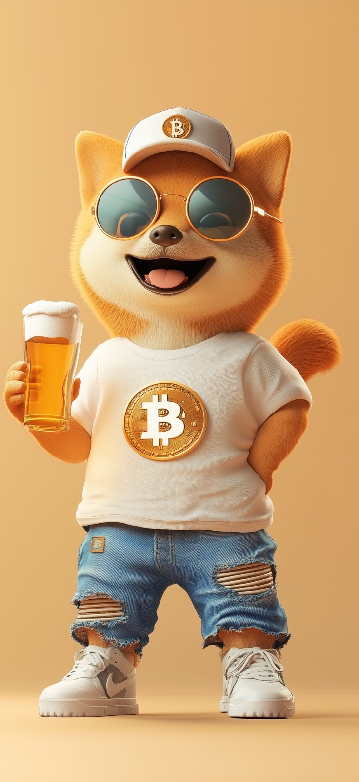 비트코인 테마 의상을 입은 의인화된 시바견이 맥주를 들고 웃고 있습니다