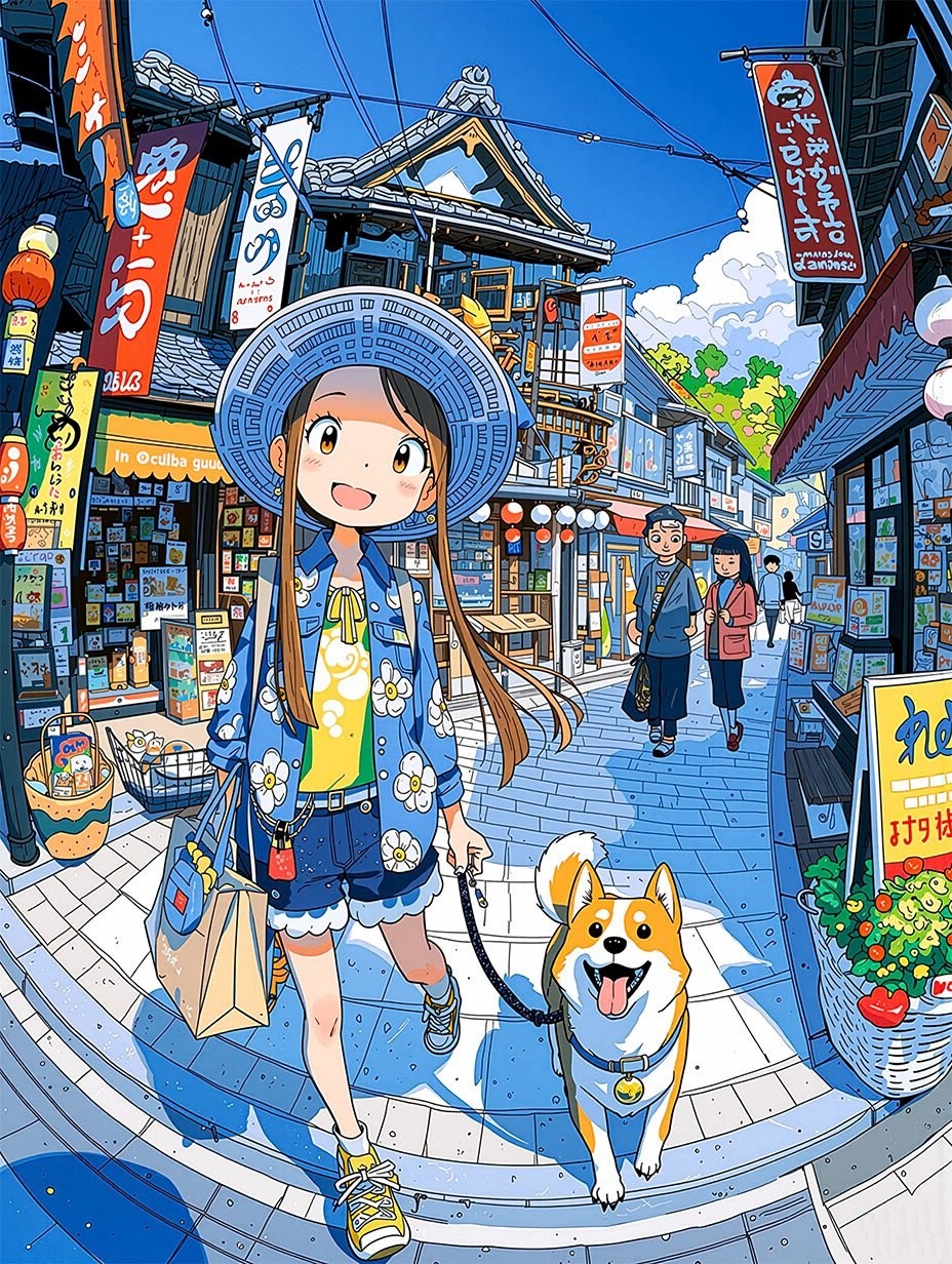 一个女孩牵着柴犬在日式商店街上走