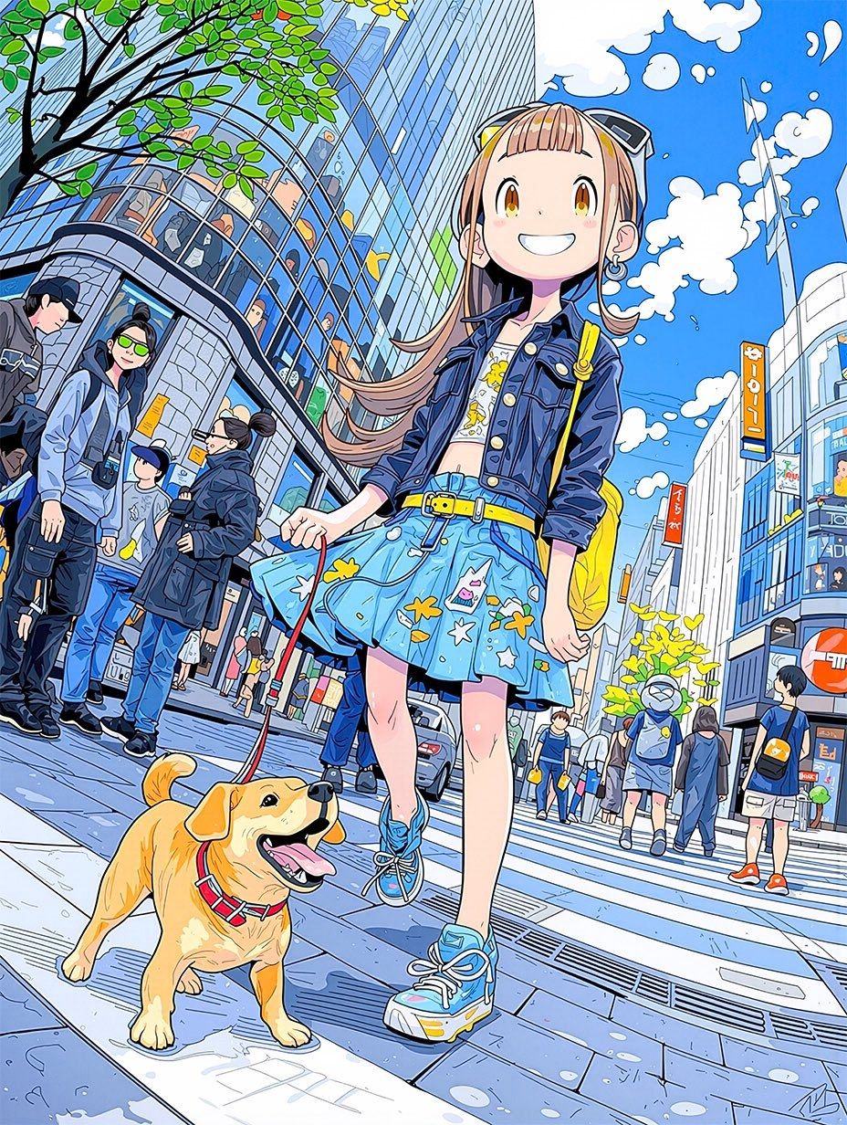 Une fille aux cheveux châtains porte une veste en denim bleu foncé et une jupe bleue claire tout en promenant un grand chien jaune