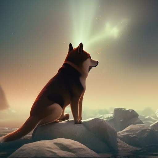 一只棕白柴犬坐在巨岩上，仰望天空