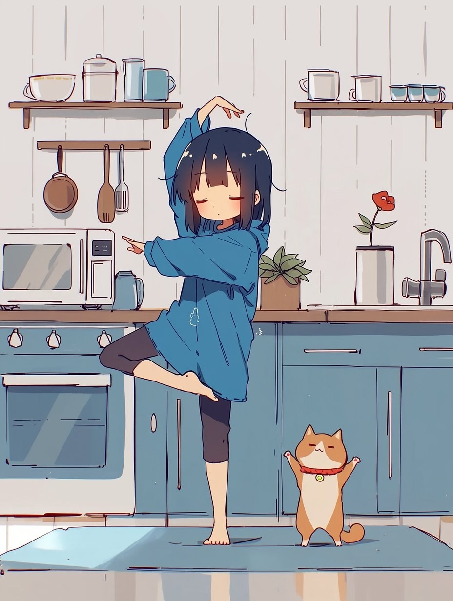 Una chica de cabello negro practica la postura del árbol en una esterilla de yoga azul mientras un Shiba Inu la imita
